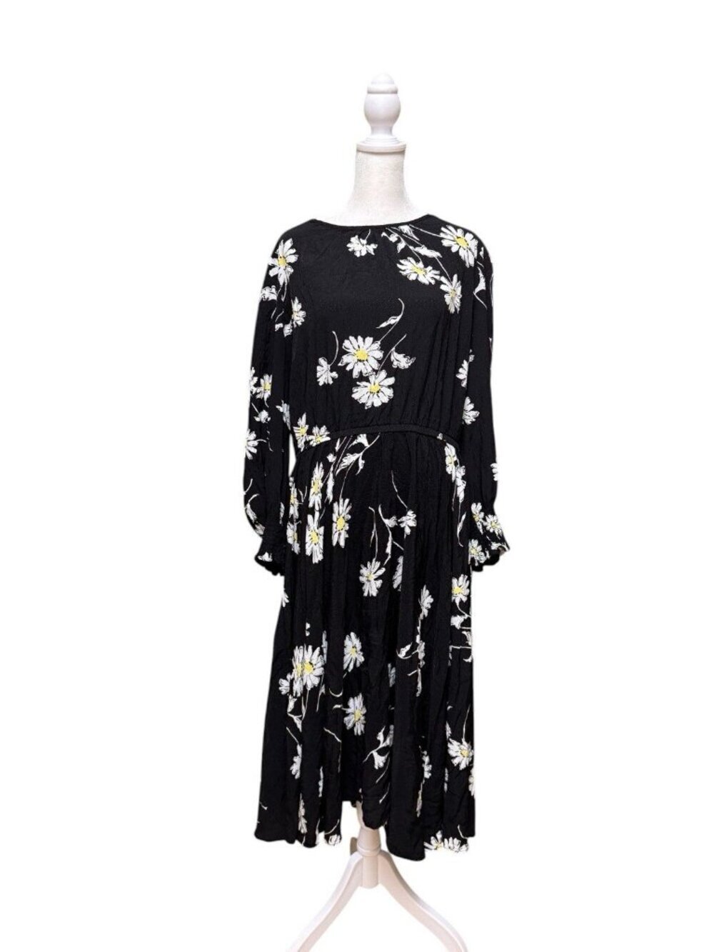 Talbots Plus Black Daisy Floral Midi Dress 16W Empire Waist Viscose